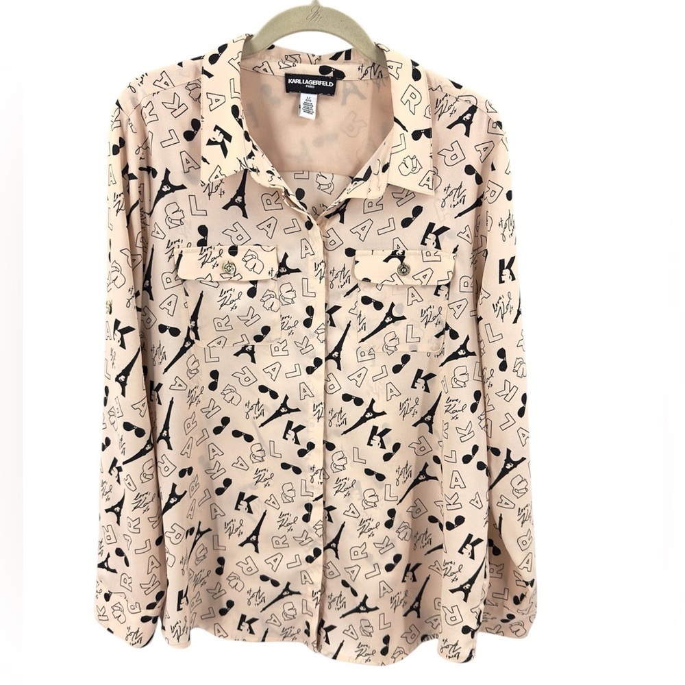 Karl Lagerfeld Logo Button Down Top Womens Large Eiffel Tower Travel Luxury
